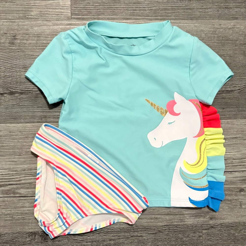 Carter's Aqua Unicorn Swim Set with 
Striped Bottoms. Girls’ 2T
